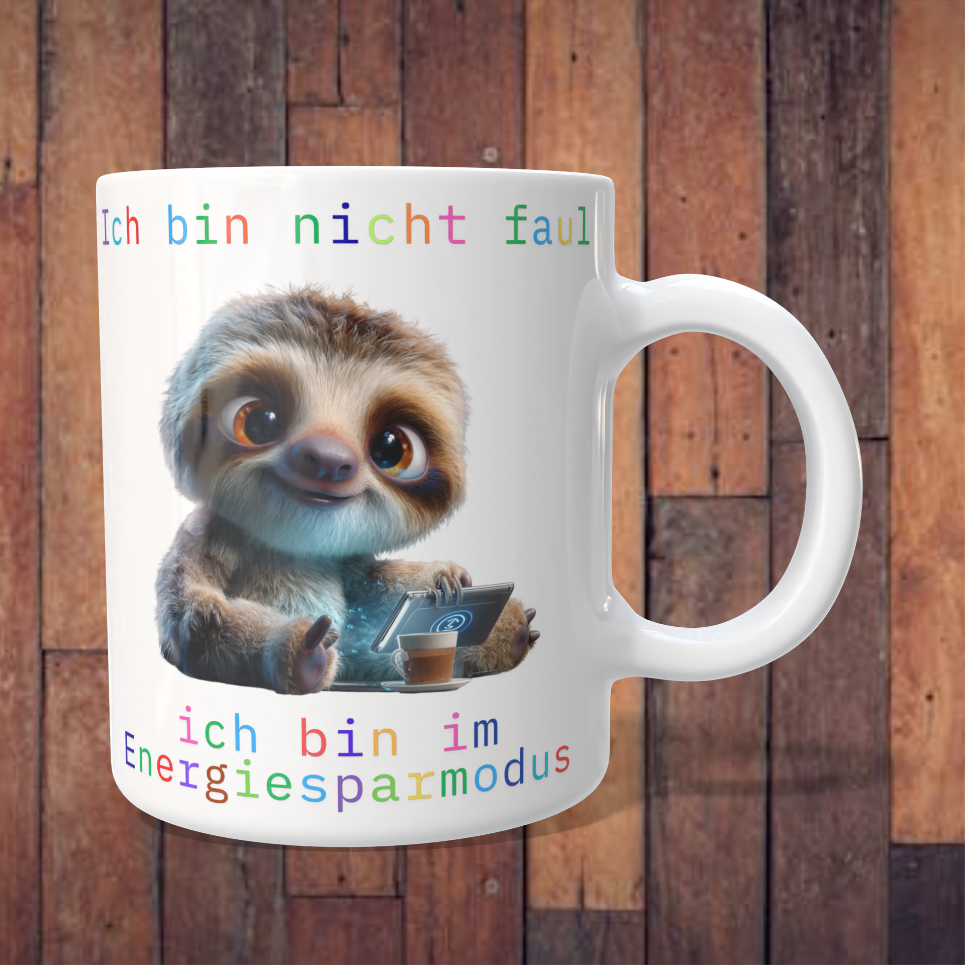 Tasse „Ich bin nicht faul – ich bin im Energiesparmodus“ mit Faultier – 312 ml