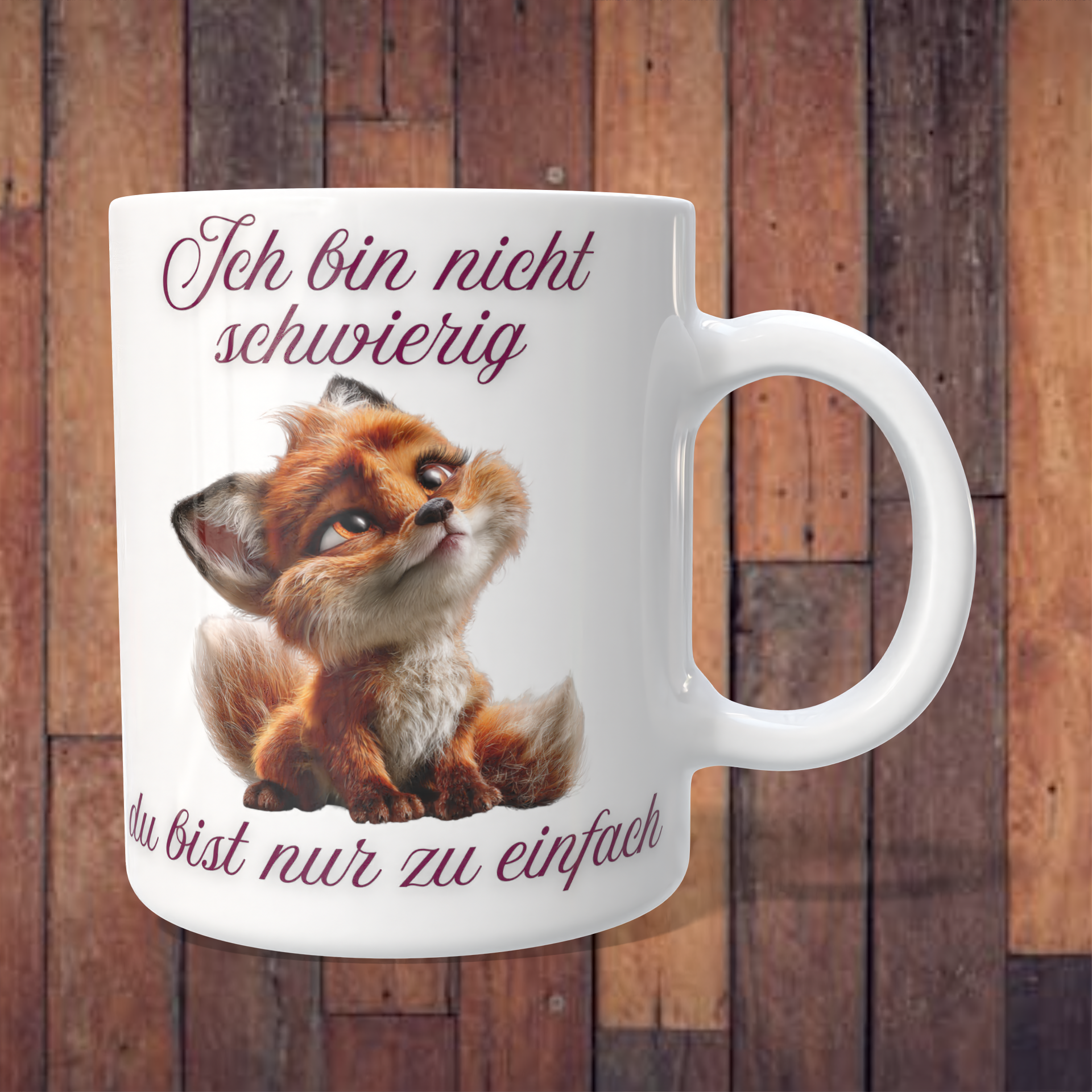 Tasse „Ich bin nicht schwierig – du bist nur zu einfach“ mit Fuchs – 312 ml