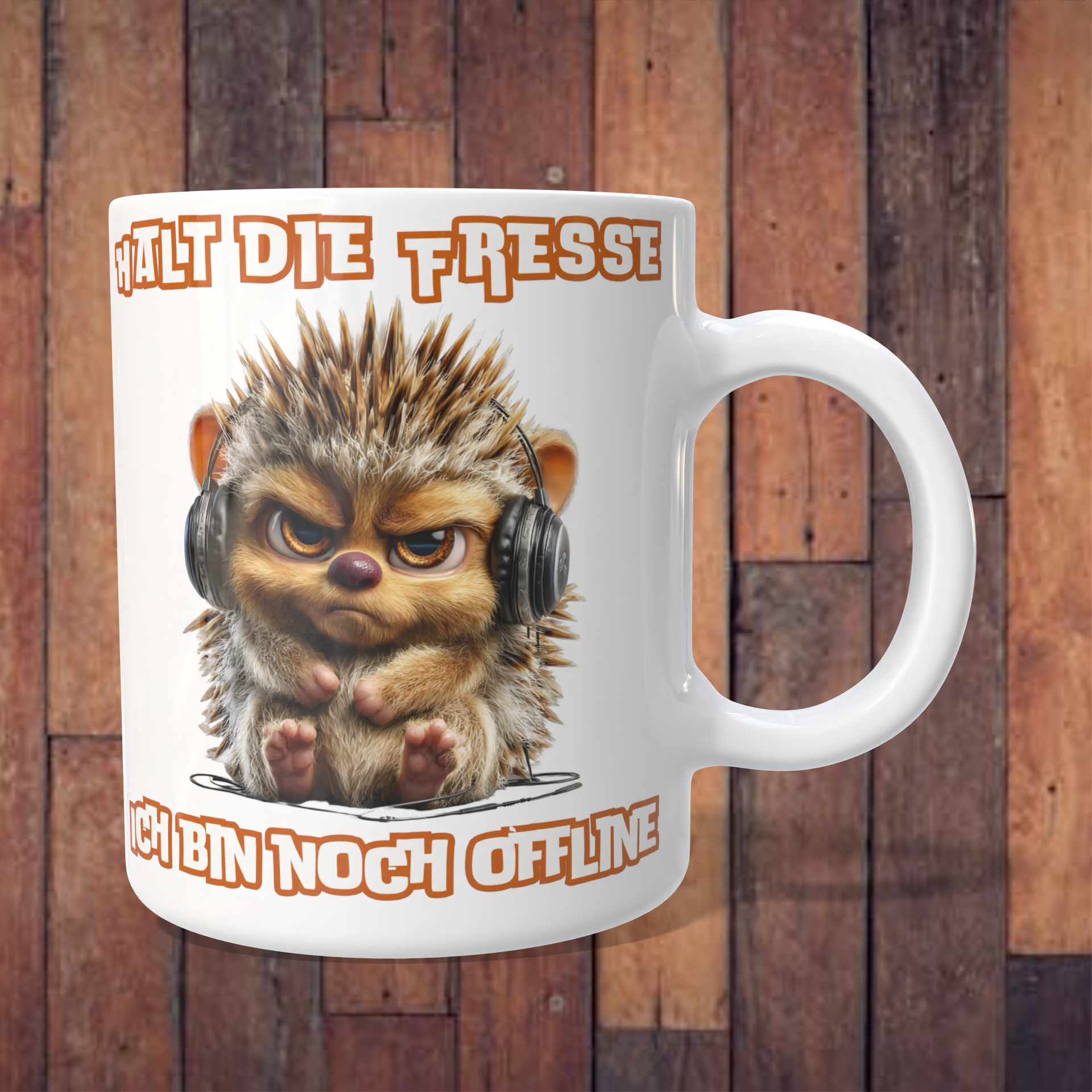 Tasse „Halt die Fresse – ich bin noch offline“ mit grimmigem Igel – 312 ml