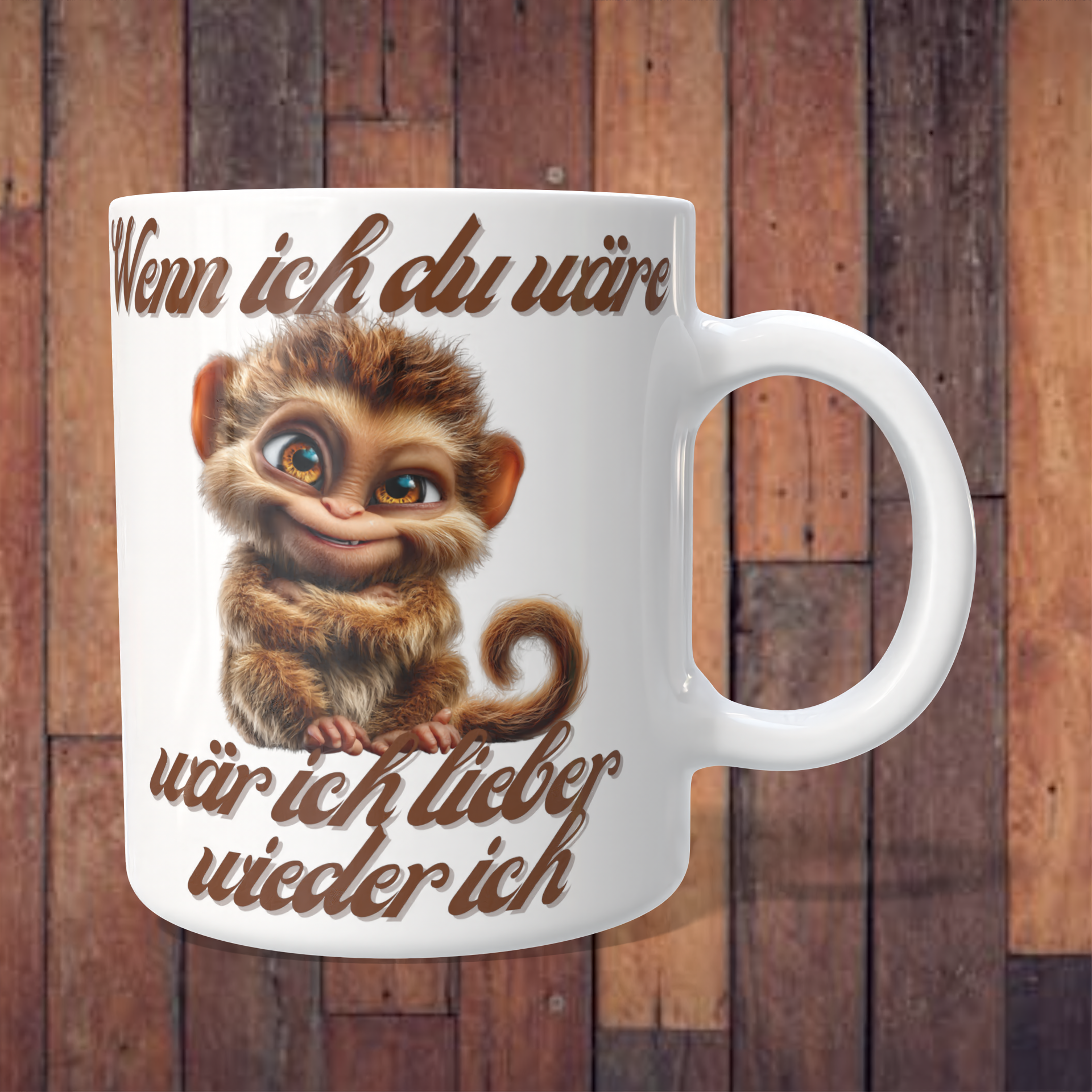 Tasse „Wenn ich du wär, wär ich lieber wieder ich“ mit frechem Äffchen – 312 ml