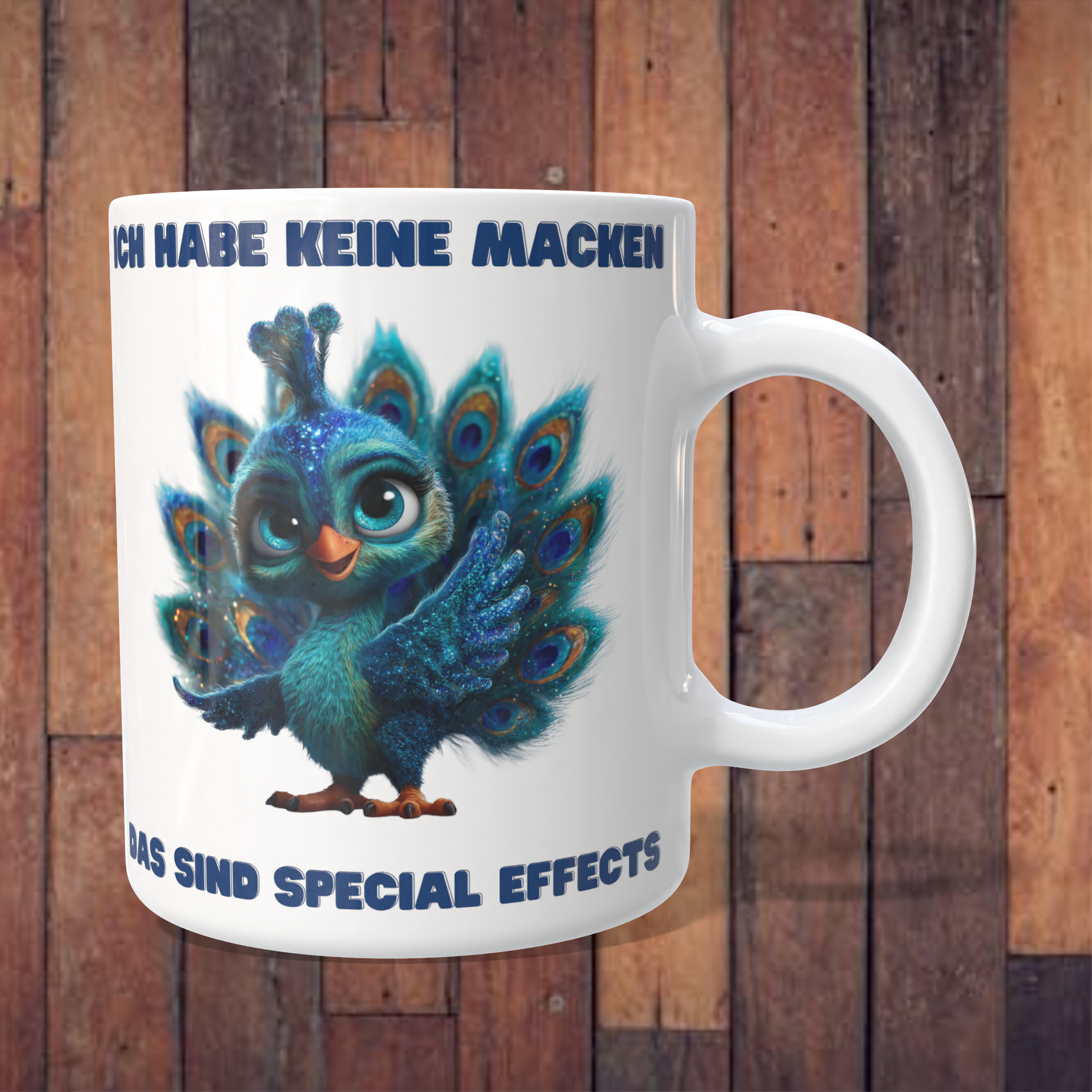 Tasse „Ich habe keine Macken – das sind Special Effects“ mit Pfau – 312 ml