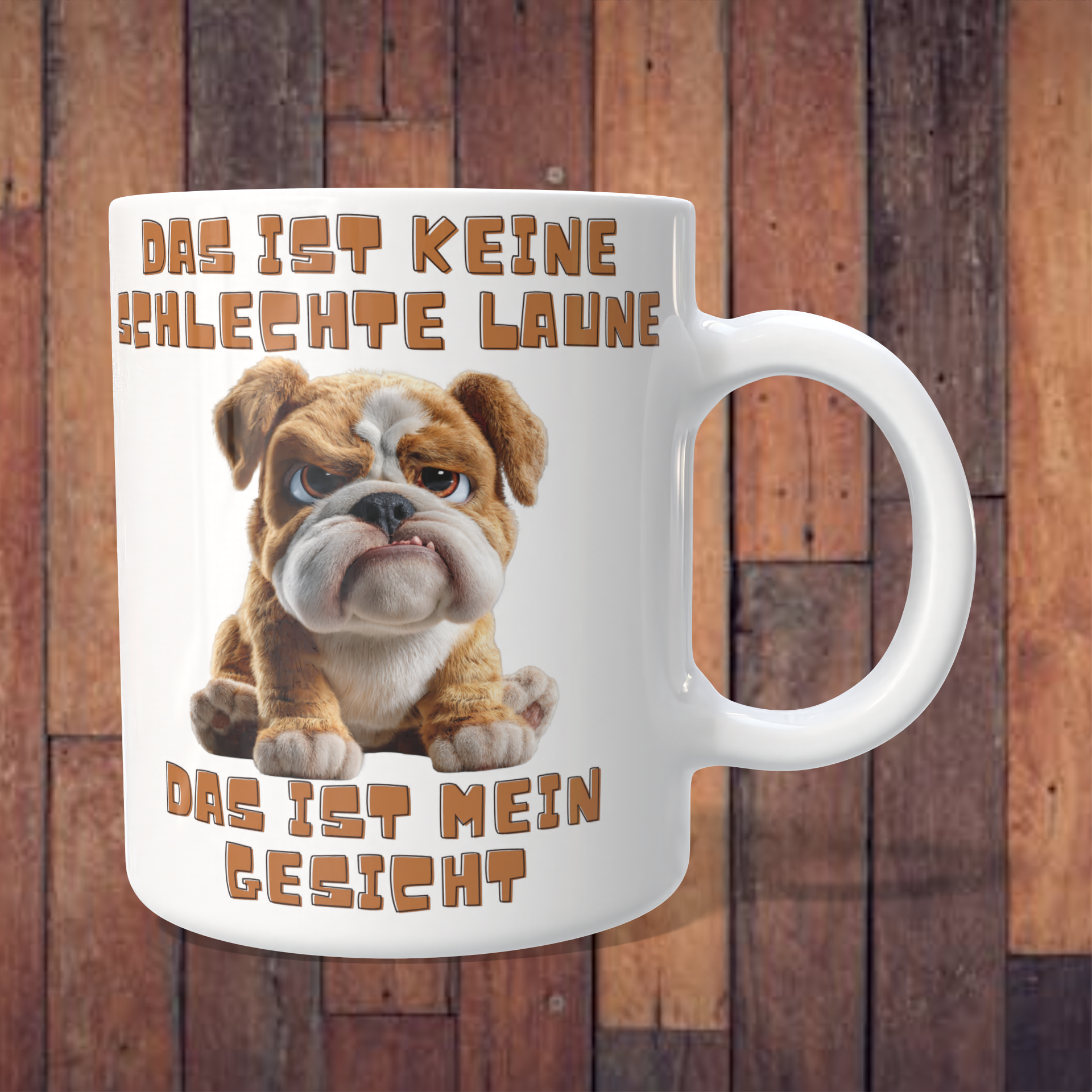 Tasse „Das ist keine schlechte Laune – das ist mein Gesicht“ mit Bulldogge – 312 ml